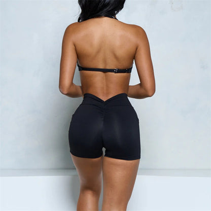 Women’s Two-Piece Halter Sports Bra & High-Waist Shorts Set - Ravar