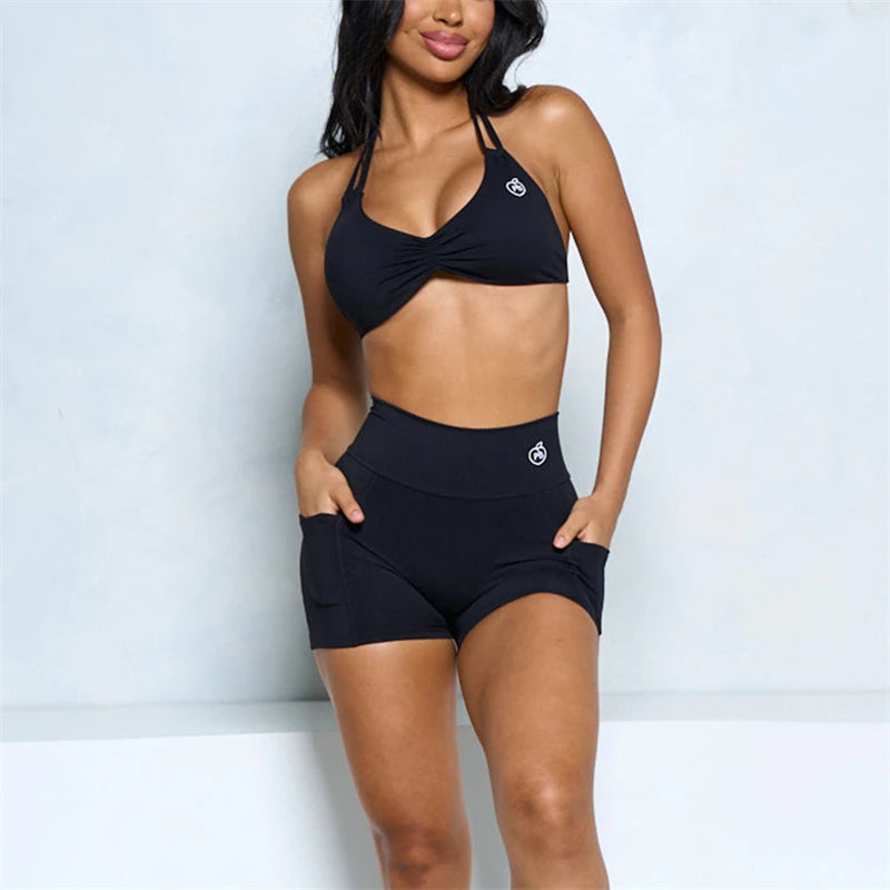 Women’s Two-Piece Halter Sports Bra & High-Waist Shorts Set - Ravar