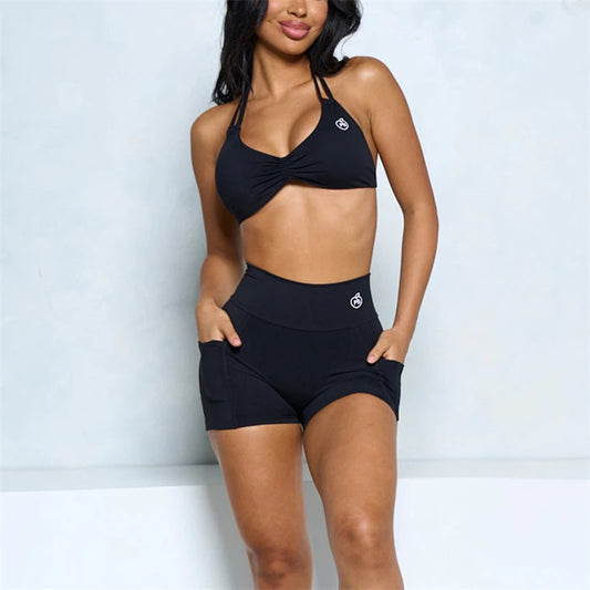 Women’s Two-Piece Halter Sports Bra & High-Waist Shorts Set - Ravar