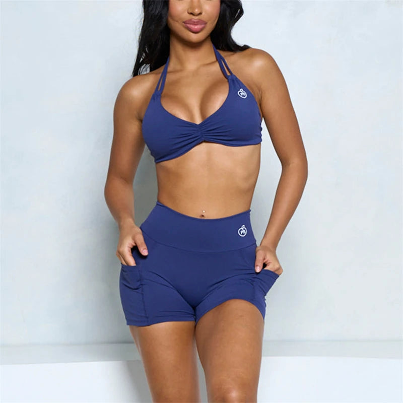 Women’s Two-Piece Halter Sports Bra & High-Waist Shorts Set - Ravar