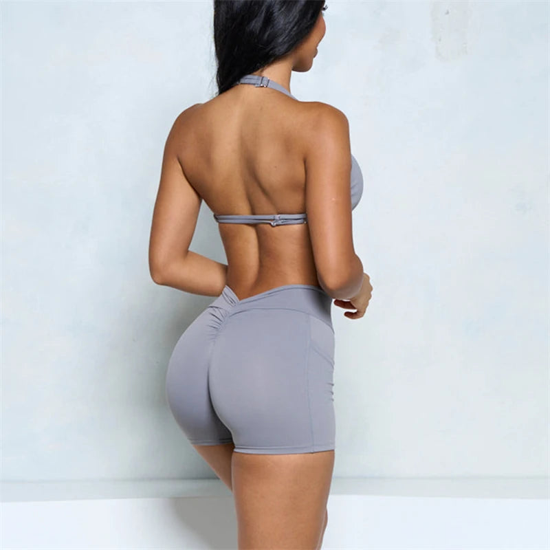 Women’s Two-Piece Halter Sports Bra & High-Waist Shorts Set - Ravar