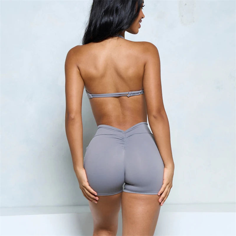 Women’s Two-Piece Halter Sports Bra & High-Waist Shorts Set - Ravar