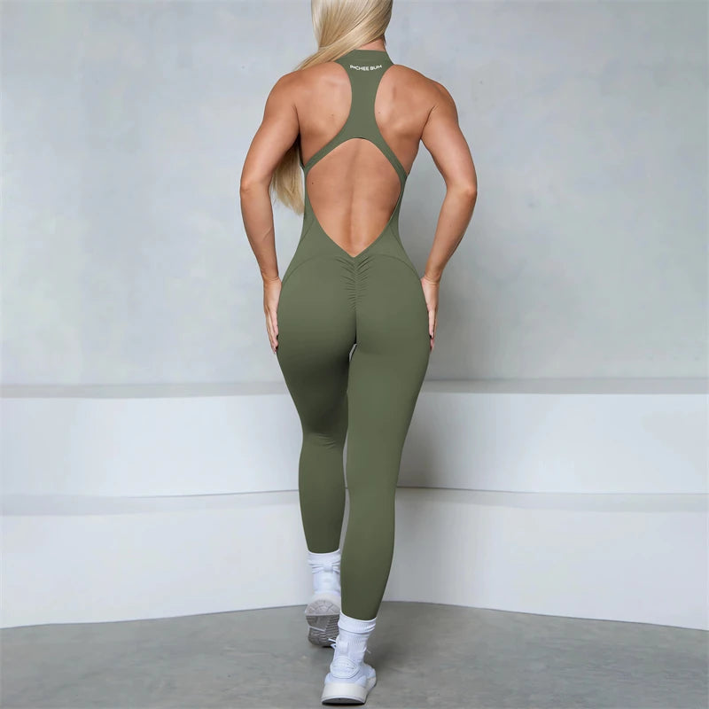 Women’s Scrunch Butt Jumpsuit – Sleeveless Zipper Gym & Yoga Workout Outfit - Ravar
