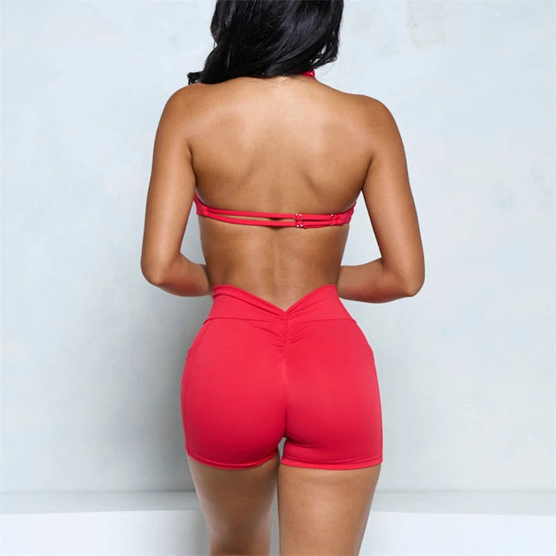 Women’s Two-Piece Halter Sports Bra & High-Waist Shorts Set - Ravar