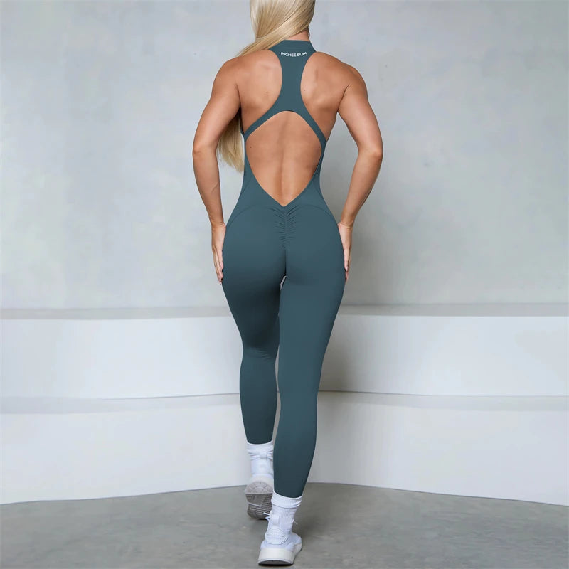 Women’s Scrunch Butt Jumpsuit – Sleeveless Zipper Gym & Yoga Workout Outfit - Ravar
