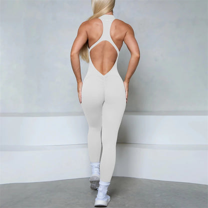 Women’s Scrunch Butt Jumpsuit – Sleeveless Zipper Gym & Yoga Workout Outfit - Ravar