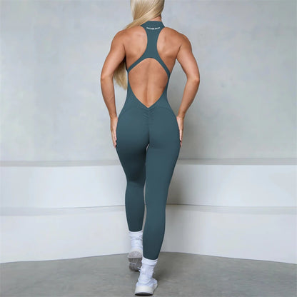 Women’s Scrunch Butt Jumpsuit – Sleeveless Zipper Gym & Yoga Workout Outfit - Ravar