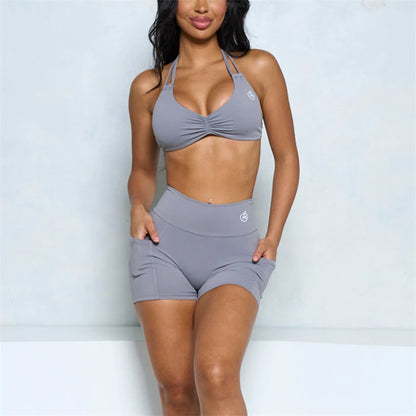 Women’s Two-Piece Halter Sports Bra & High-Waist Shorts Set - Ravar