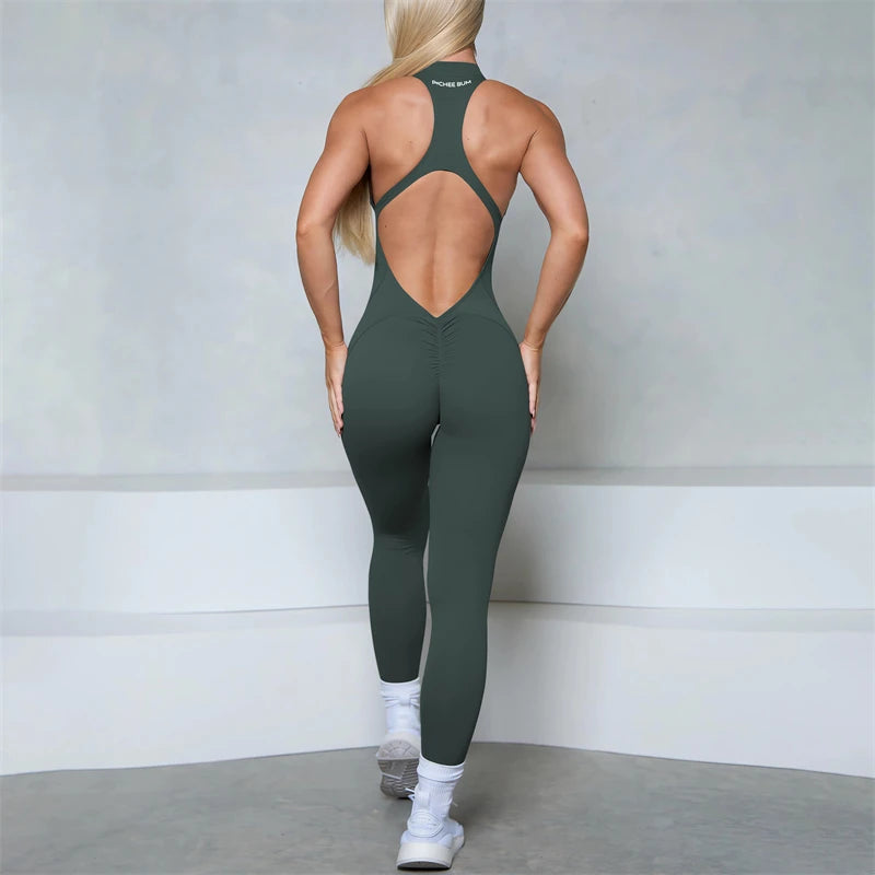 Women’s Scrunch Butt Jumpsuit – Sleeveless Zipper Gym & Yoga Workout Outfit - Ravar